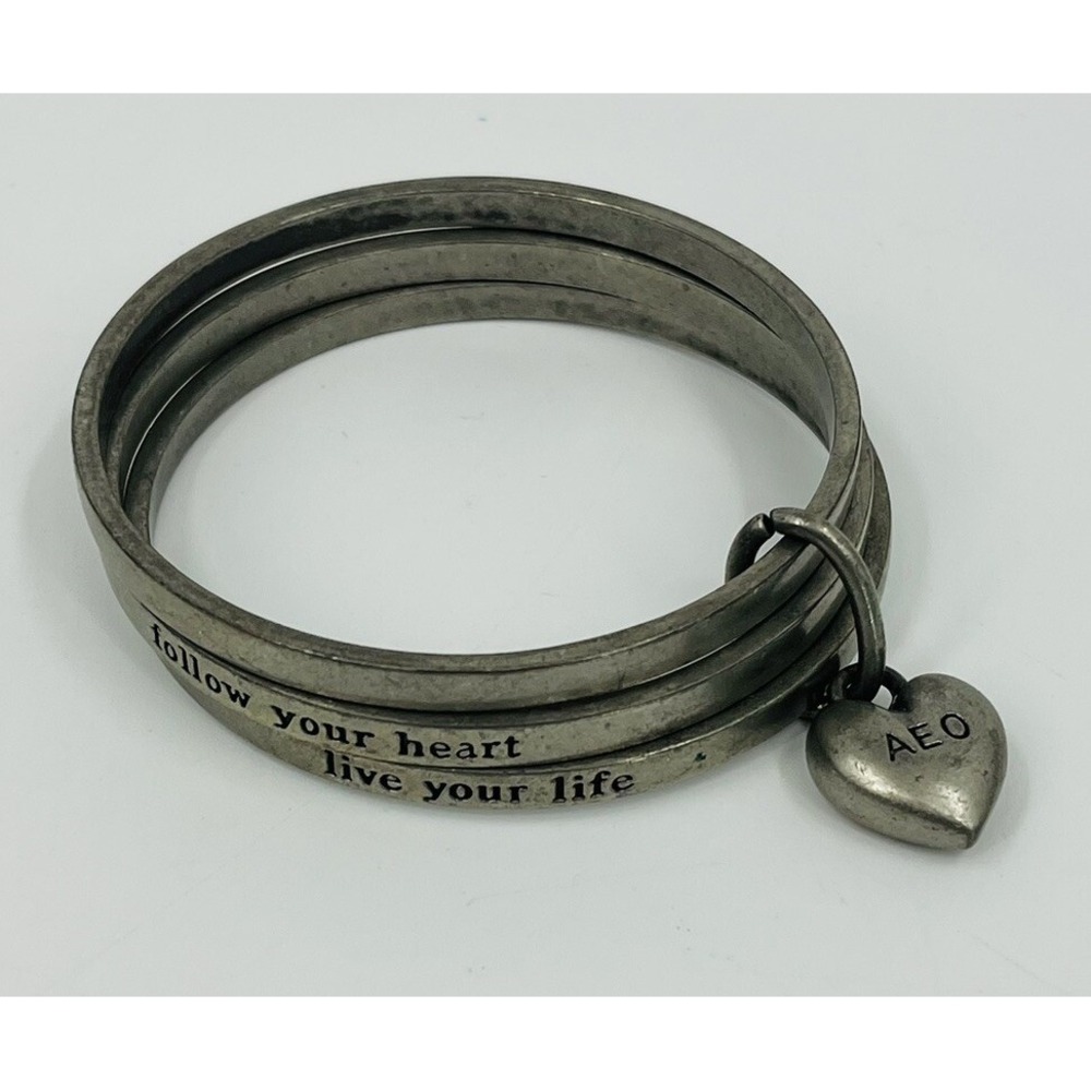 American Eagle Outfitter Bangle Bracelets with Heart Charm 2.5" Diameter Silver